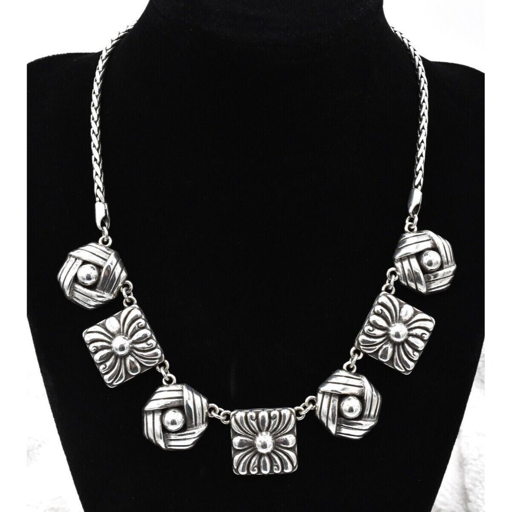 Brighton Chunky Sonora Necklace Woven Knot Square 7 Tile Charms Silver Tone 18"